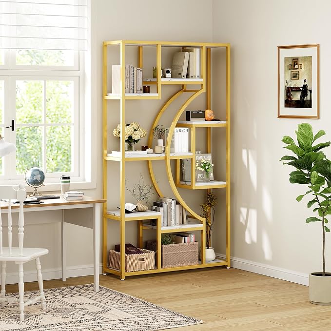 LGHM 79" W Luxury Marble-Patterned White Gold Bookshelf, Modern Geometric - Image 9