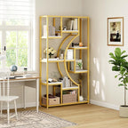LGHM 79" W Luxury Marble-Patterned White Gold Bookshelf, Modern Geometric - Image 9