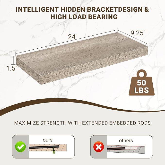 Acovy 24 Inch Floating Shelves, 3D Textured Wood Grain, Wooden Shelves - Image 3