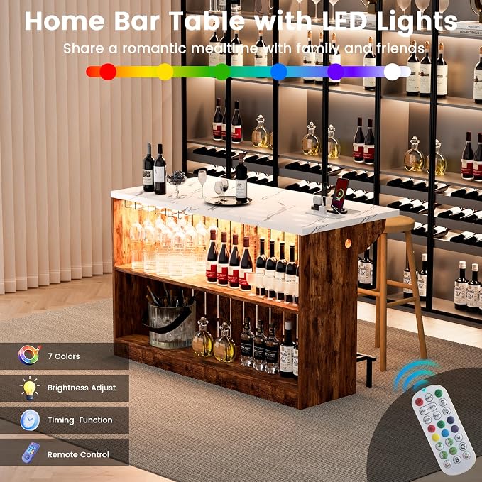 Home Bar Unit with LED Lights and Charging Station, Imitation Marble Mini - Image 4