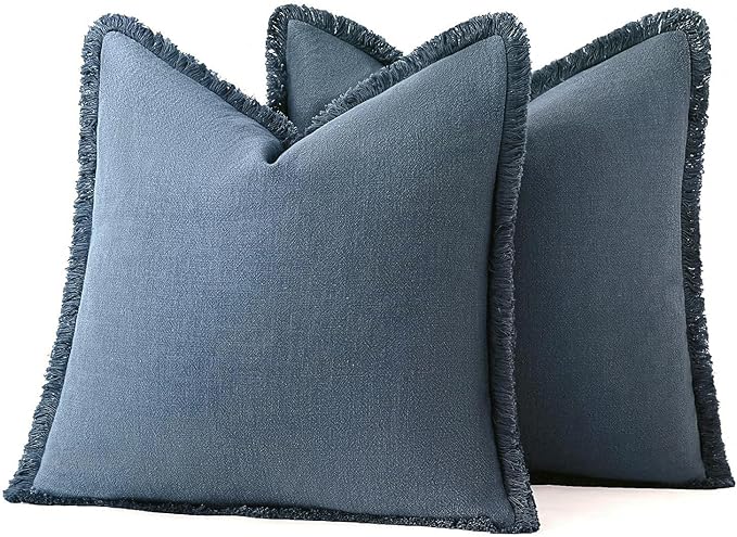MIULEE Boho Linen Fringe Decorative Throw Pillow Covers Blue Ashes 20x20 | Set - Image 7