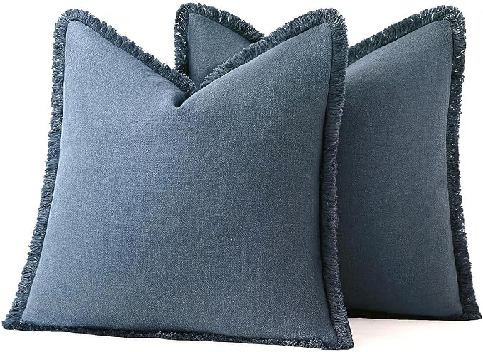 MIULEE Linen Fringe Decorative Euro Throw Pillow Covers Blue Ashes 24x24 | Set - Image 7