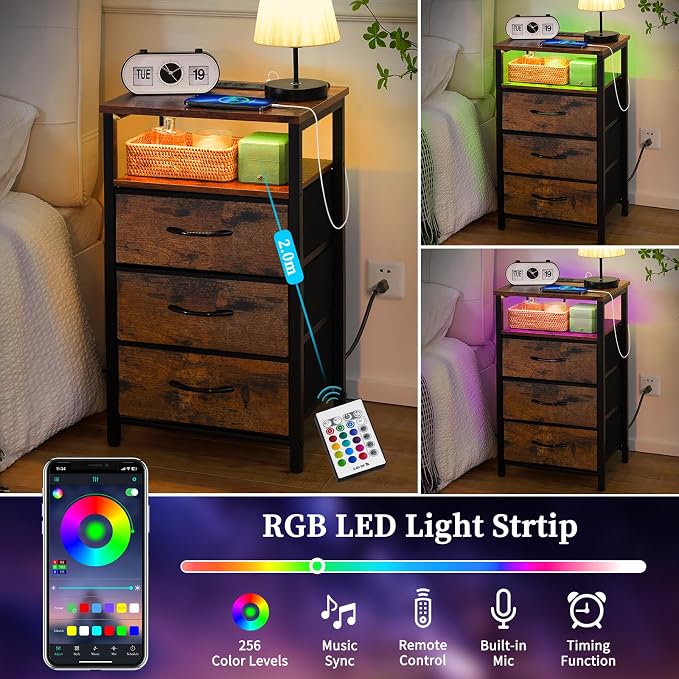 Yoobure Night Stand with Charging Station, 16 Colors LED Nightstand with USB - Image 4