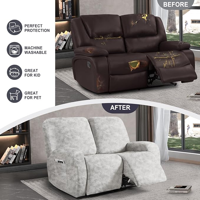 ANARACHON Leather Look Loveseat Recliner Cover, 6-Pieces Stretch Dual Recliner - Image 5