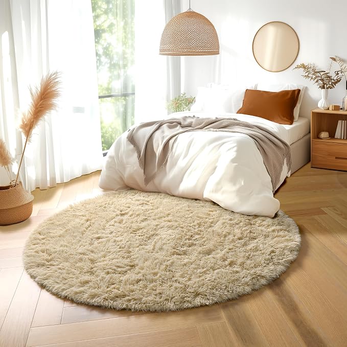 Amdrebio Beige Boho Round Fuzzy Area Rug 5Ft - Image 4