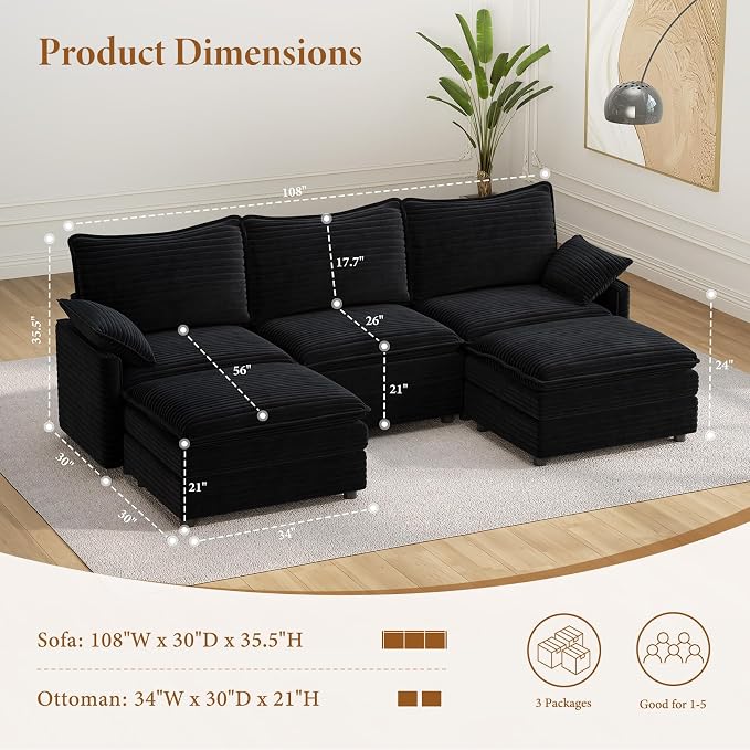 Vesgantti 108" U Shaped Sectional Couch, Comfy Cloud Modular Sectional Sofa - Image 2