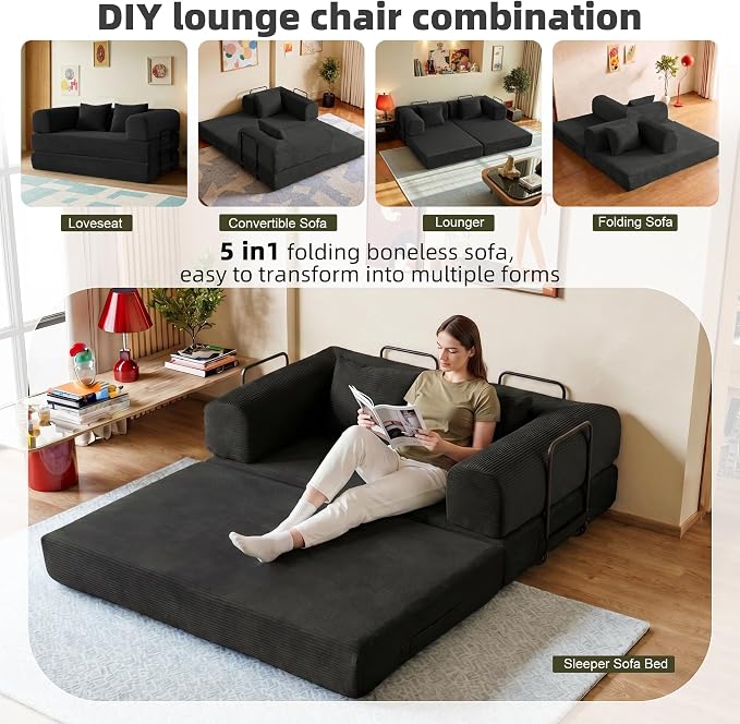 59in Convertible Sofa Bed, Corduroy Boneless Couch Bed, Futon Sleeper Sofa Pull - Image 3