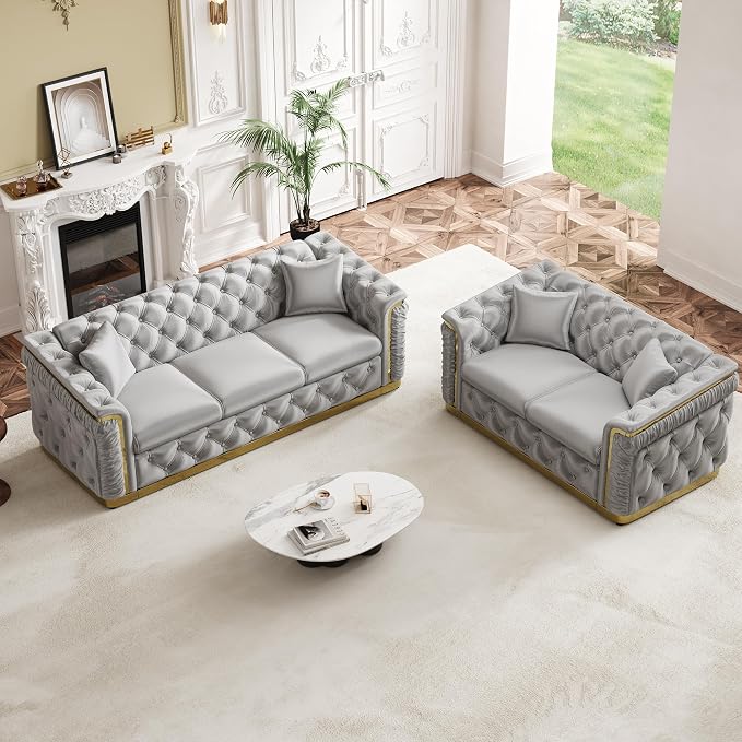 62.2" Luxury Velvet Chesterfield Sofa Tufted Victorian Black and Gold Couch - Image 9