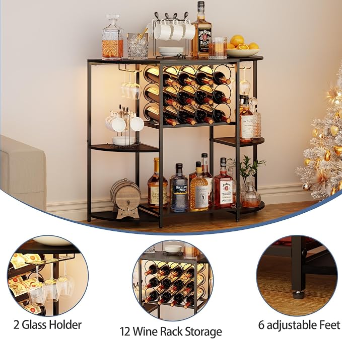 JKsmart Wine Bar Cabinet with LED Lights, Mini Wine Bar Cart with Storage and - Image 4