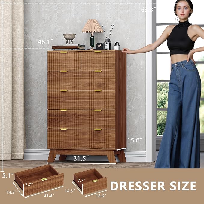 BORNOON 46" Tall Dresser for Bedroom, 6-Drawer Fluted Chest of Drawers - Image 2