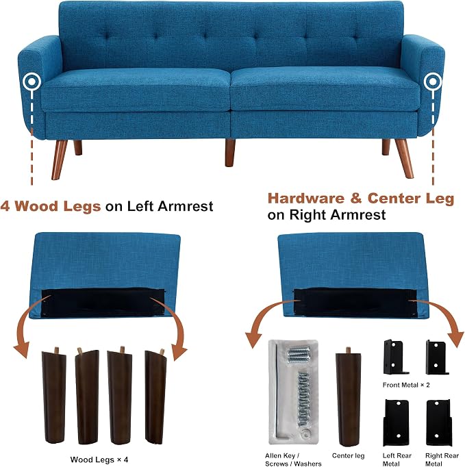 Tbfit 77.2" W Linen Sofa Couch, Mid Century Modern Decor Loveseat Couches - Image 9