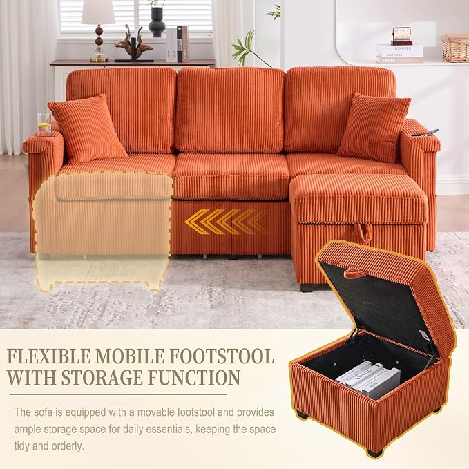 L-Shaped Sectional Sofa with Storage & Movable Ottoman, Corduroy 3 Seater - Image 8