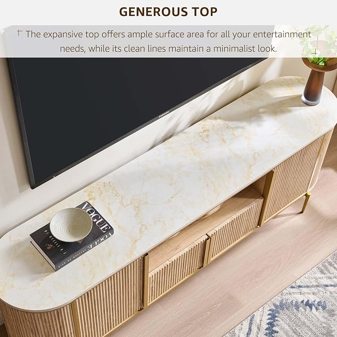 OKD 70" Fluted TV Stand with Storage, Faux Marble Top Entertainment Center - Image 3