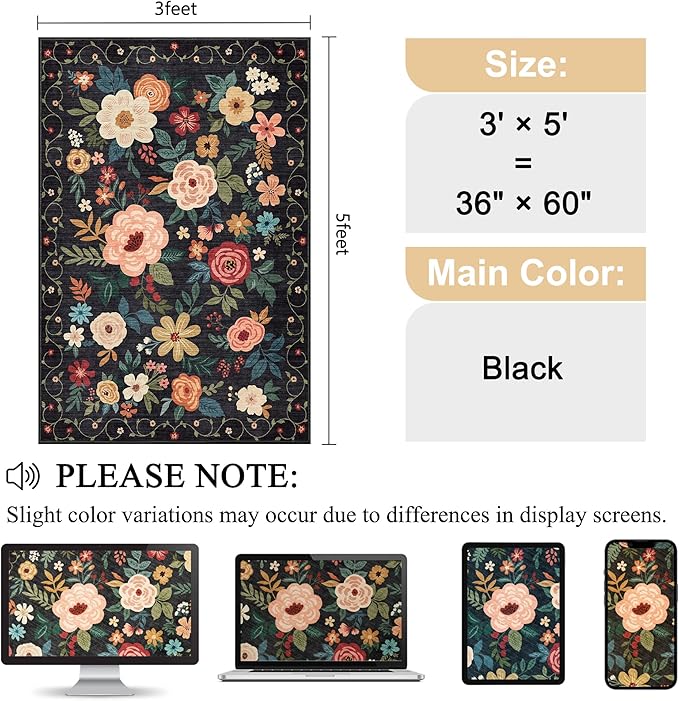 DUKINO 3x5 Area Rug, Floral Washable Rug - Image 2
