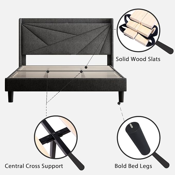 Feonase Full Bed Frame with Charging Station, Linen Upholstered Platform - Image 7