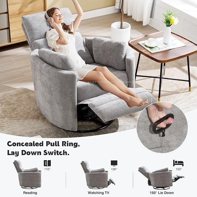 Manual Recliner 360°Swivel Glider Rocking Chair, Upholstered Nursery Adult - Image 6