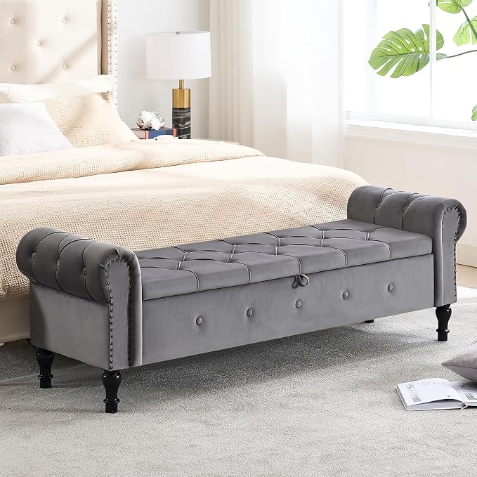 67" Storage Bench for Bedroom, Velvet End of Bed Bench, King Size Bench by HOMYKA