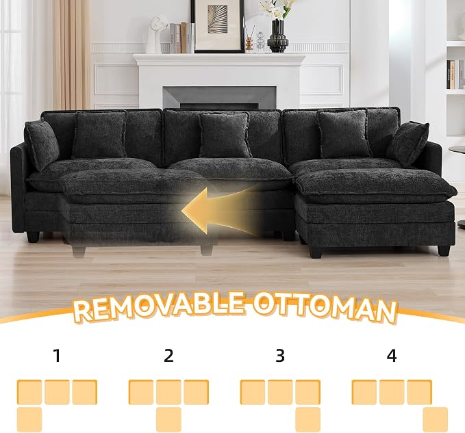 111'' Sectional Cloud Deep Seat Couch, Modern Comfy Chenille L Shaped Sectional - Image 6