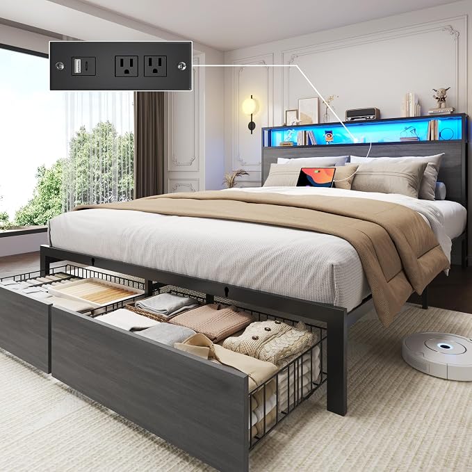 Lifezone Queen Bed Frame with 2-Tier Storage Headboard, Bedroom Metal Bed Frame - Image 7