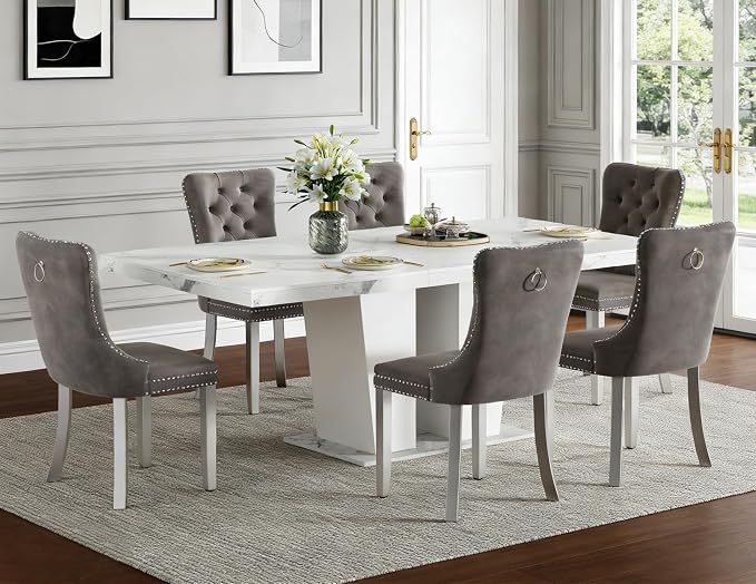 Henf 7 Pieces Faux Marble Dining Table Set by Henf