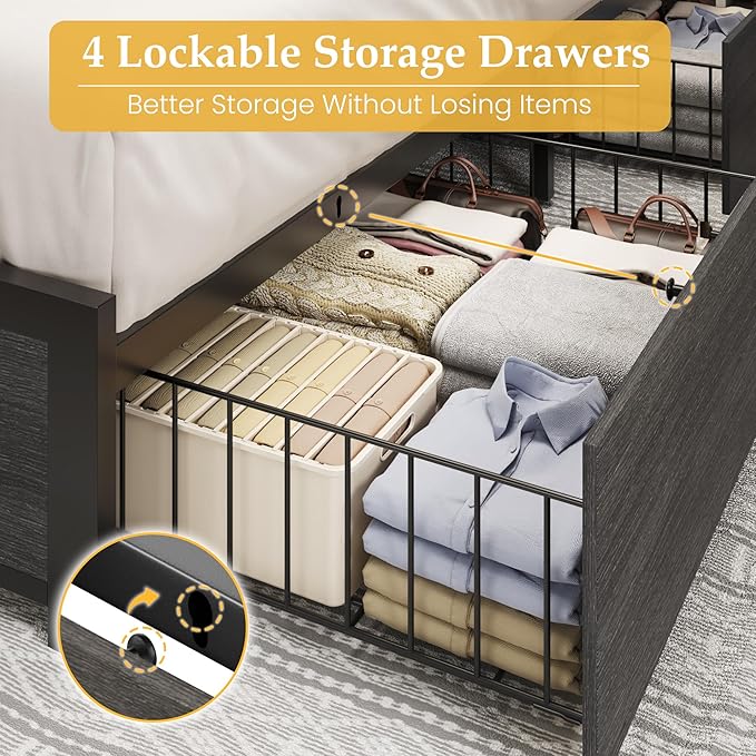 Lifezone King Bed Frame with 2-Tier Storage Headboard, Metal Platform Bed Frame - Image 4