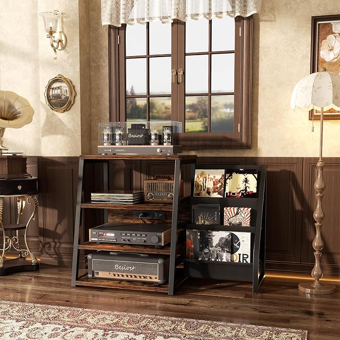 AV Media Stand with Outlets, Stereo Stands and Racks with Vinyl Storage - Image 6