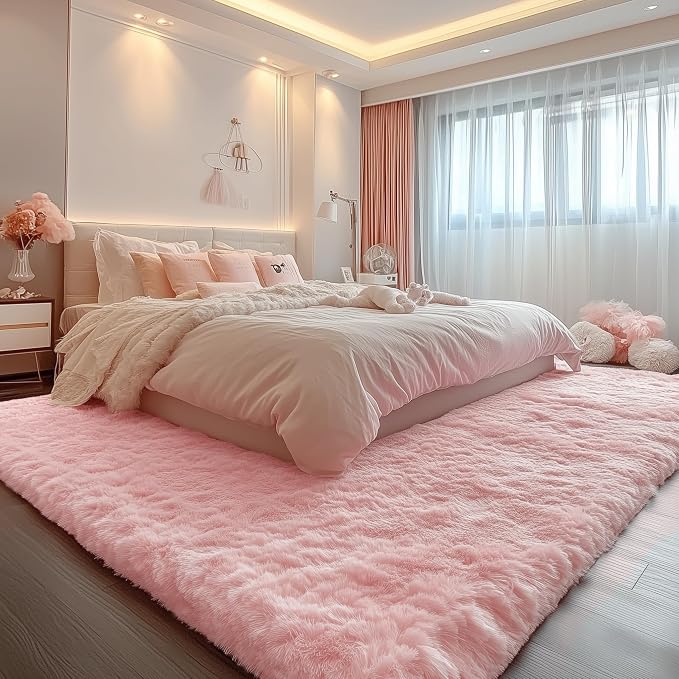 Pink Fluffy Plush Area Rug 5x8, Kids Shag Rugs - Image 4