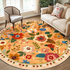 RELEANY Floral Washable Round 8ft Area Rug Yellow/Orange/Red | Flower Carpet by RELEANY