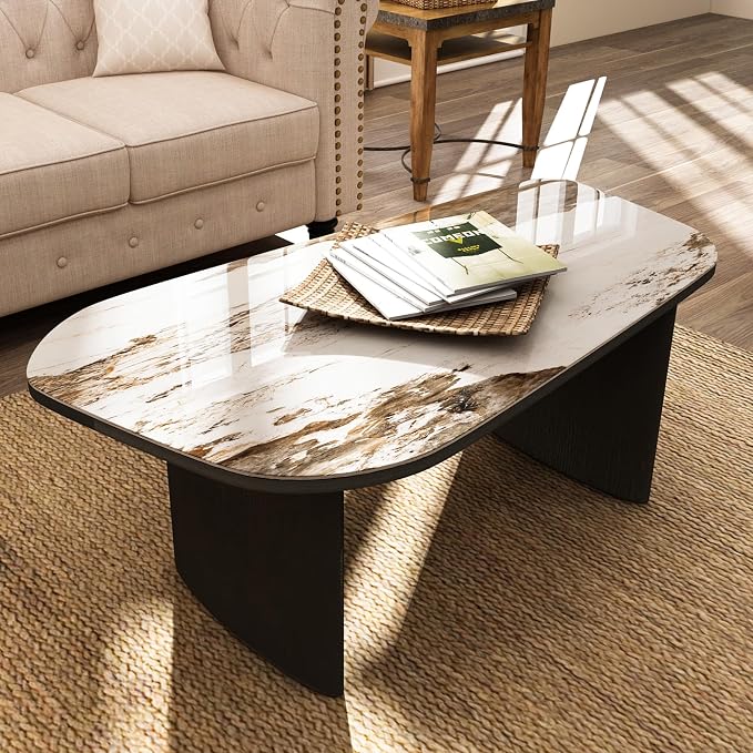 Luxury Marble Coffee Table, Premium Sintered Stone Top, Natural Wood Look Base by Honyee