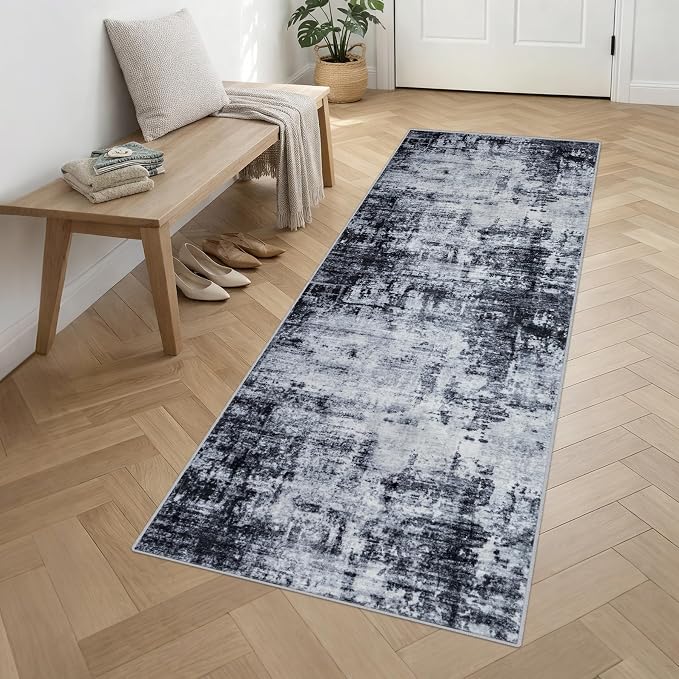 3x10 Washable Runner Rug：Modern Abstract Soft Carpet Dark Black | - Image 3