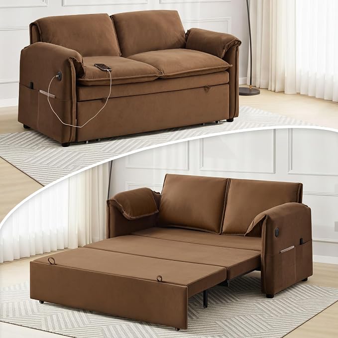 63" Velvet 3 in 1 Convertible Sleeper Sofa Bed, Pull Out Couch Bed Loveseat by UMBFUN