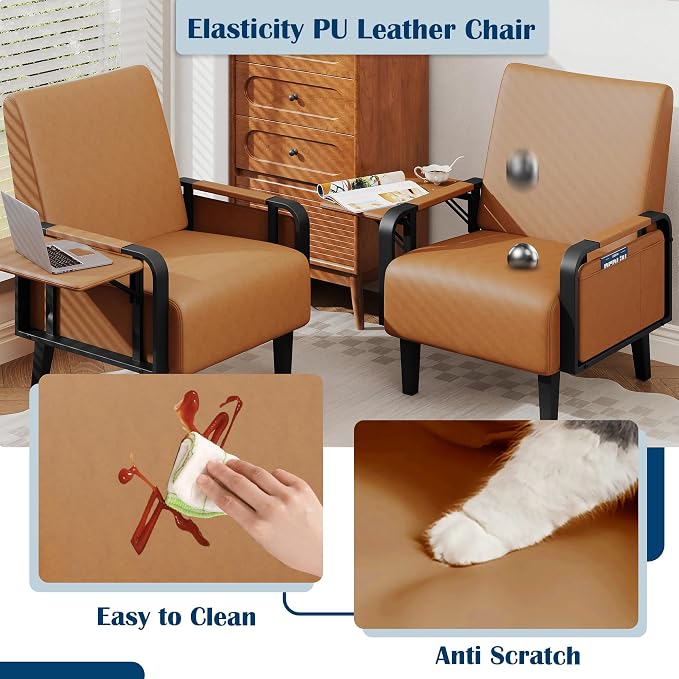 Andeworld Modern Brown Accent Chair Set of 2, PU Leather Upholstered Armchair - Image 6