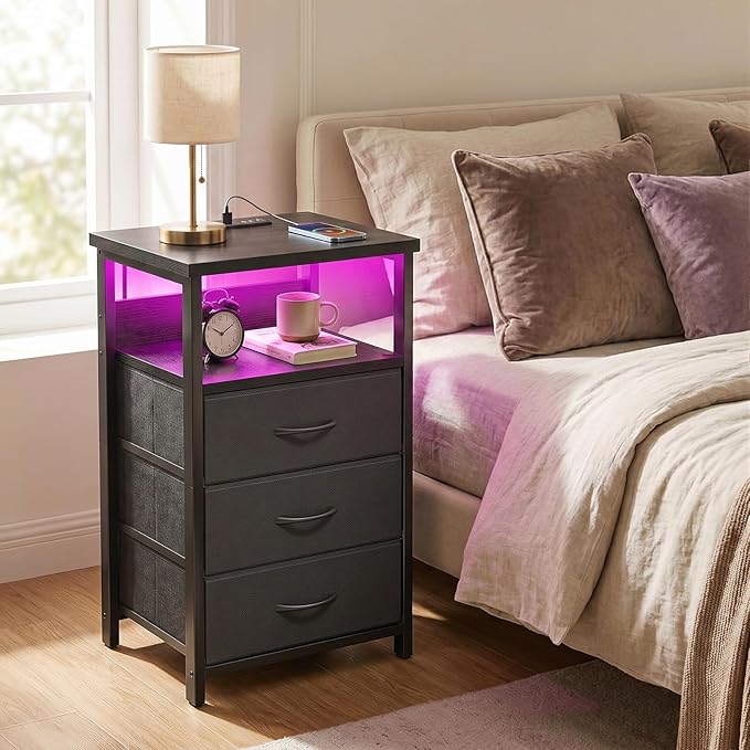 Fixwal Night Stand with 3 Fabric Storage Drawers, LED Nightstand with Charging - Image 2