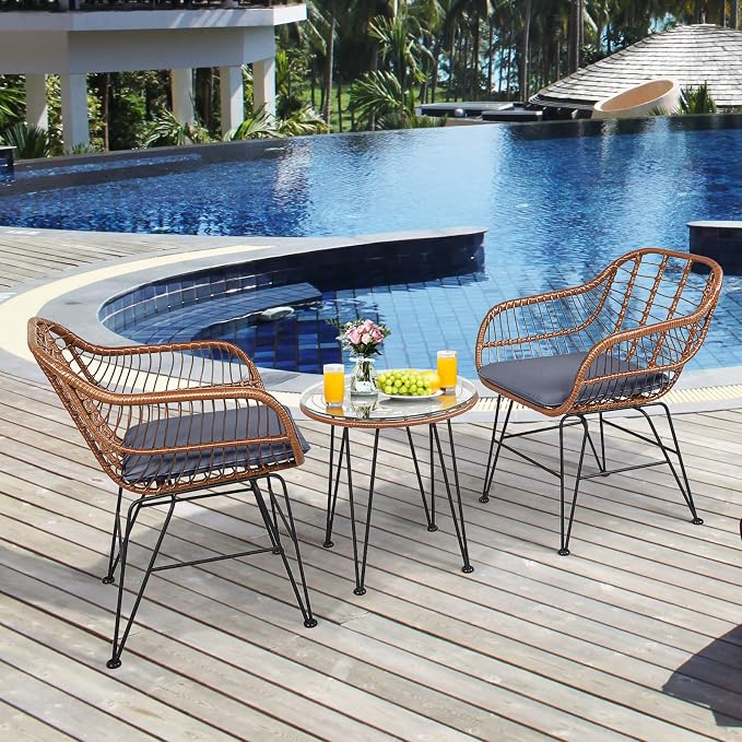 Tangkula 3 Pieces Patio Conversation Bistro Set, Outdoor Wicker Furniture - Image 3