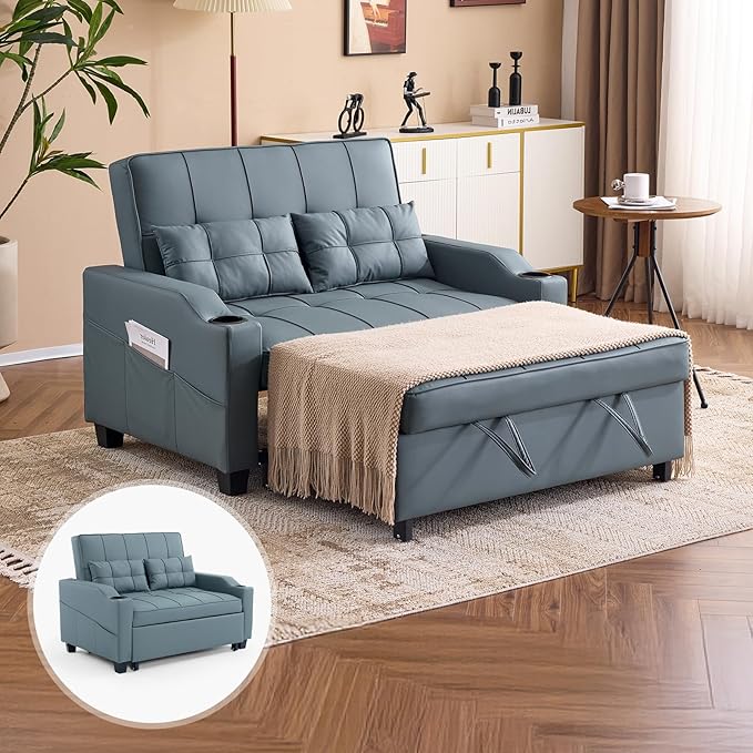 VINGLI Blue Grey Futon Sofa Bed Convertible Loveseat Sleeper Couch, Faux by VINGLI