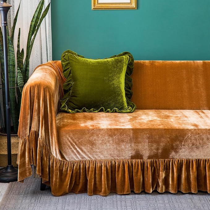 GLORY SEASON Velvet Sofa Cover Soft Decorative Luxurious Solid Exquisite Ruffle - Image 2
