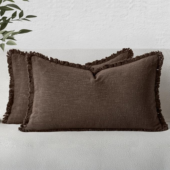 MIULEE Boho Linen Fringe Decorative Fall Pillow Covers Reddish Brown 12x20 | by MIULEE