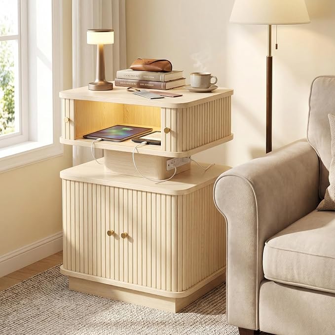 Nightstand with Charging Station, Modern Night Stand with Smart Led Light and 2 - Image 4