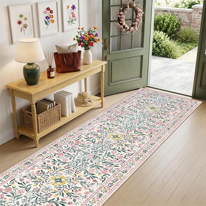 PLHXFR 2.6x10 Washable Runner Rug：Floral Indoor Kitchen Carpet Pink Green | - Image 2