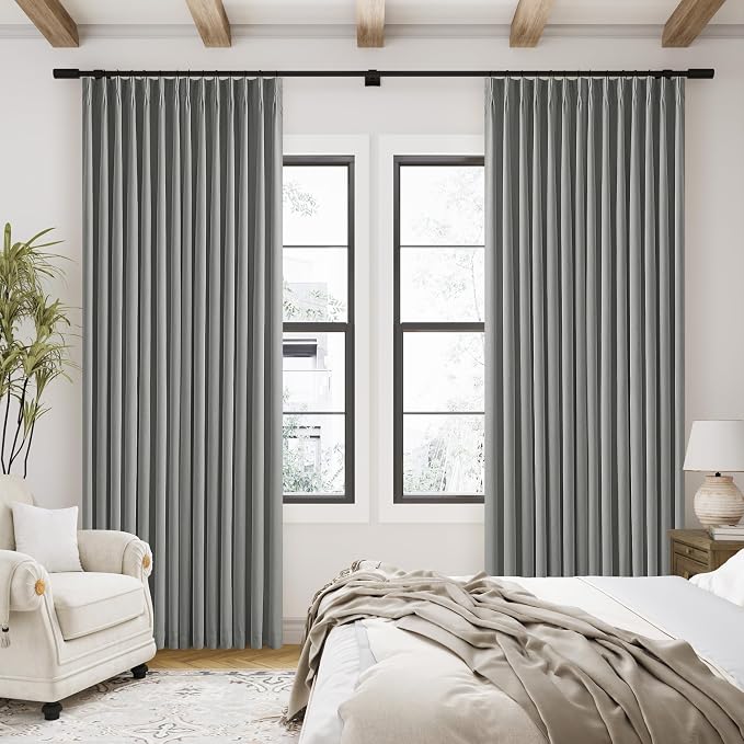Charcoal Grey Pinch Pleated 100% Blackout Linen 96 Inch Bedroom Curtains | - Image 9