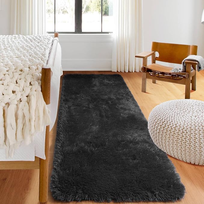 Black Runner Rugs for Bedroom Hallway, Fluffy 2x6 Bedside Soft Area Rug | - Image 2