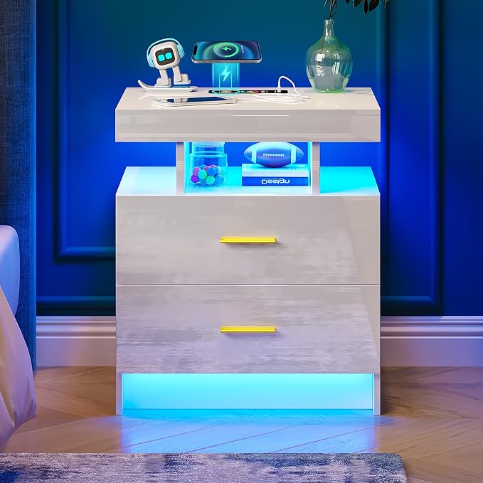 WOOVIVS Night Stand with Light, High Gloss Nightstand with USB/Wireless - Image 9