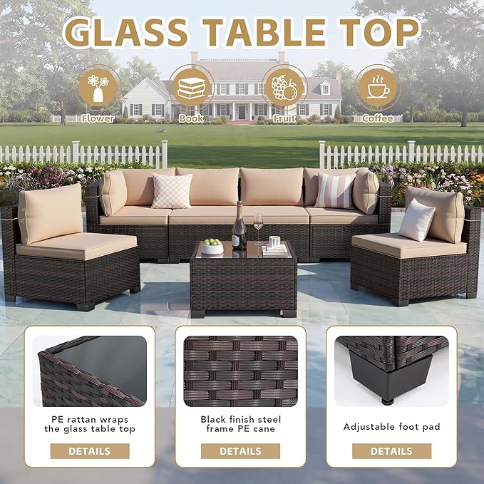 CHABATREE 7pcs Outdoor Patio Furniture Sets, Rattan Conversation Sectional Set - Image 4