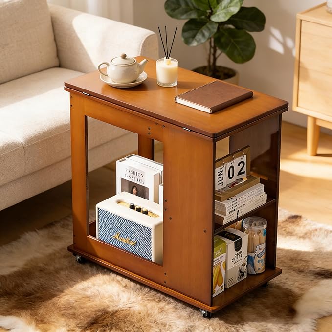 Folding Side Table with Storage Shelf, Space Saving Bamboo End Table with - Image 8