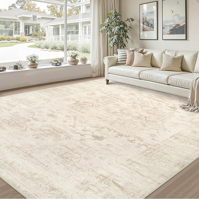 Area Rugs 9x12 Living Room: Bedroom Washable Carpet Beige/Brown | Large Vintage - Image 9