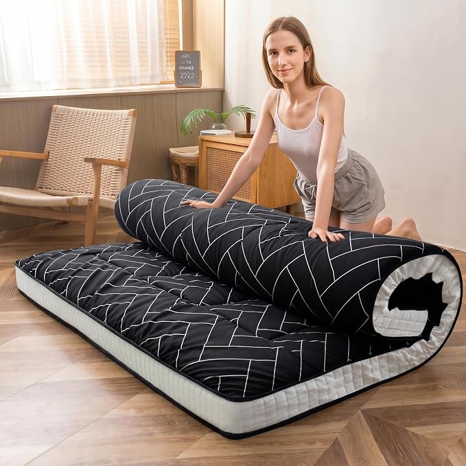 MAXYOYO Black Geometric Pattern Futon Mattress, Japanese Floor Mattress Quilted - Image 8