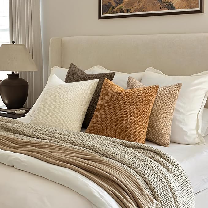 MIULEE Soft Decorative Chenille Fall Pillow Covers Brown 16x16 Pack of 4 | - Image 4