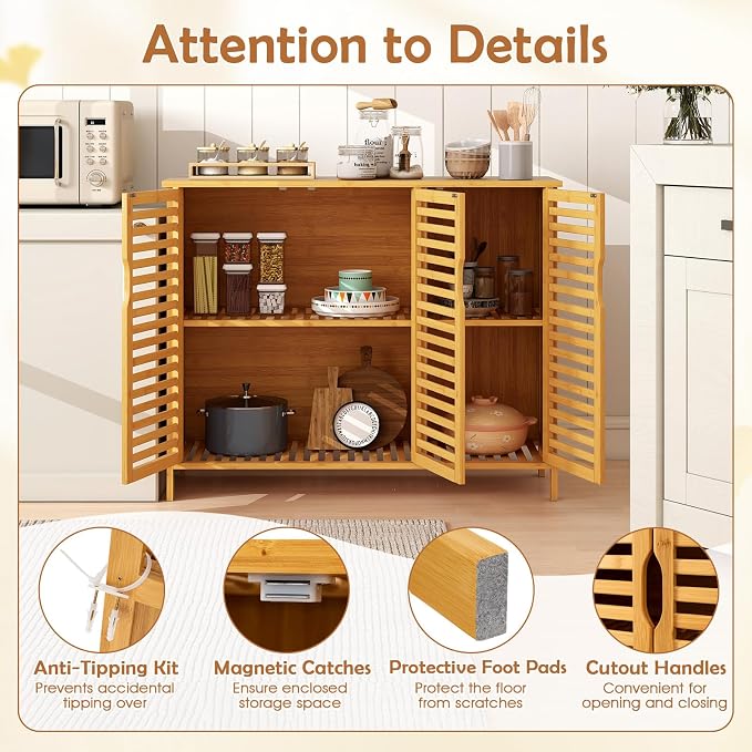 Giantex Bamboo Bathroom Storage Cabinet, 3-Door Storage Organizer - Image 5