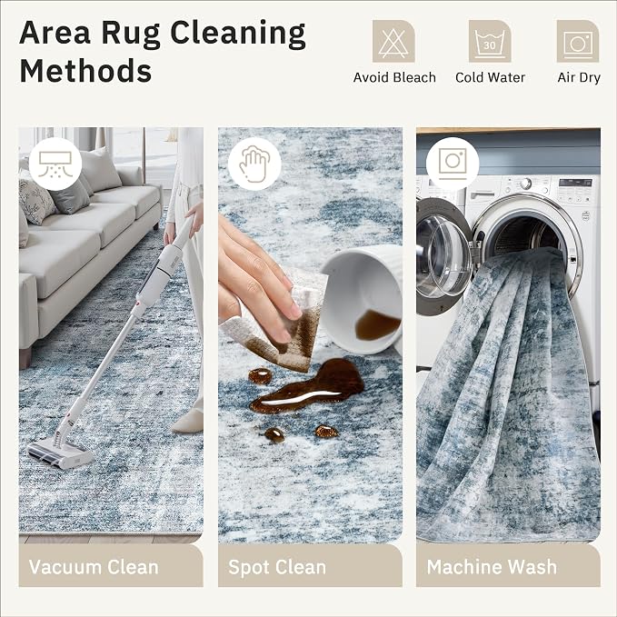Soalmost Round Rugs 8ft Living Room Circle Area Rug 8x8 Blue/Grey Vintage | - Image 9