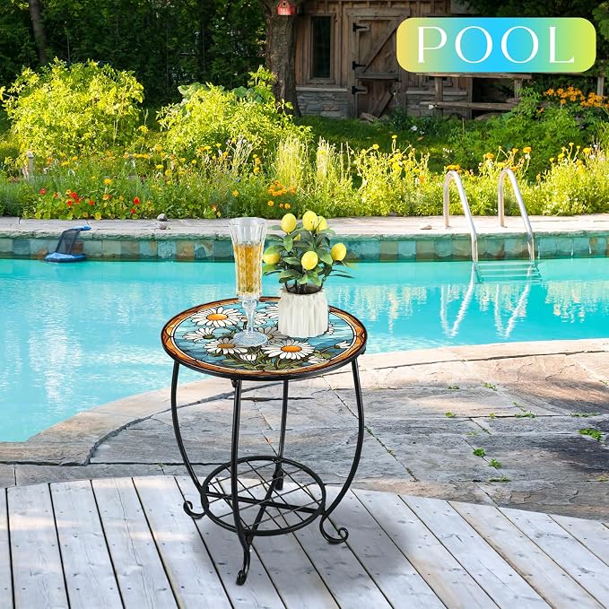 Cinnvoice Outdoor Side Table Round Small Mosaic Patio Accent Indoor End Plant - Image 6